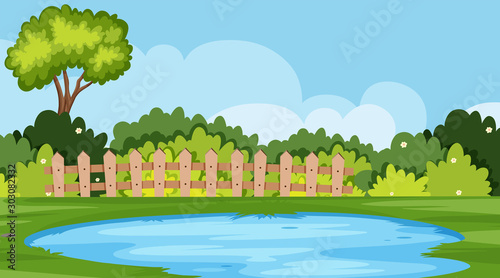 Landscape background design of park with pond and trees