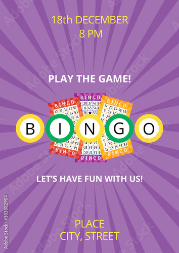 Bingo poster templates with violet background, balls and lottery tickets. Vector flyer, card or banner for festive event with sample text. A4 standard scaled format