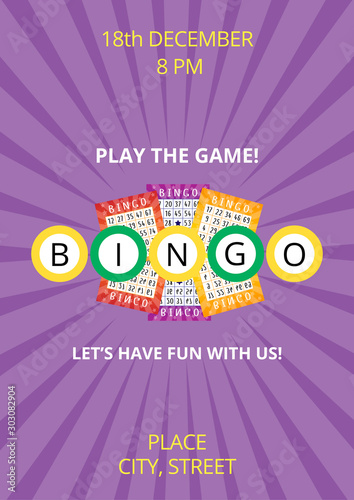 Bingo poster templates with violet background, balls and lottery tickets. Vector flyer, card or banner for festive event with sample text. A4 standard scaled format