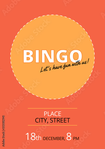 Simple bingo poster with bright orange background. Festive flyer, card or banner for fun lottery party. Vector illustration