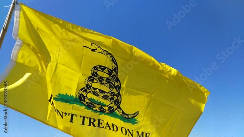 This is a video of the Gadsden flag blowing in the wind.  This flag is yellow and depicts a Timber Rattlesnake with the famous phrase don't tread on me. photo