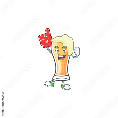 Fresh beer glass with cartoon character foam finger