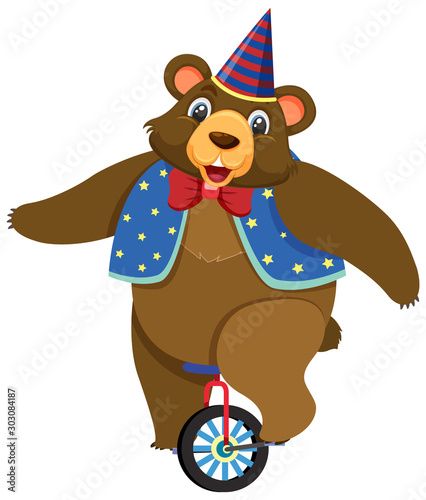 Single character of bear on wheel on white background