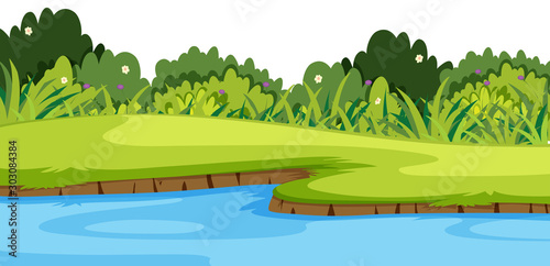 Landscape background with river and green grass