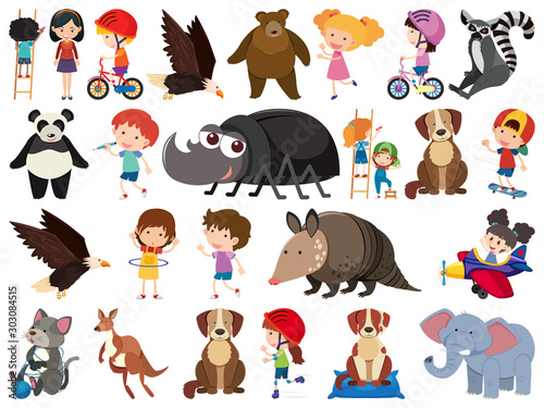 Set of isolated objects theme animals and kids
