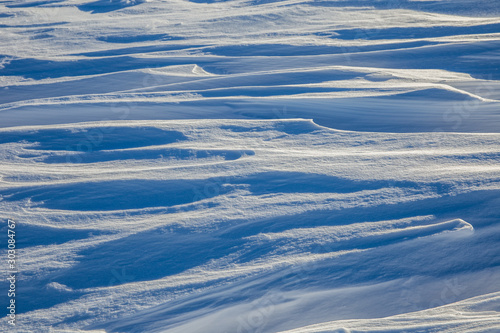 Closeup of frozen snow in heavy winter. details.