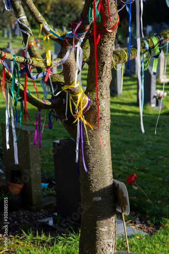 Prayer ribbons on a tree in a graveyard cemetery with signs attached