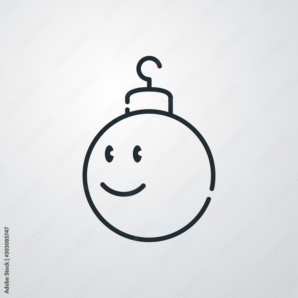 Icono plano lineal bola de navidad con cara sonriendo en fondo gris Icono plano lineal bola de navidad con cara sonriendo en fondo gris