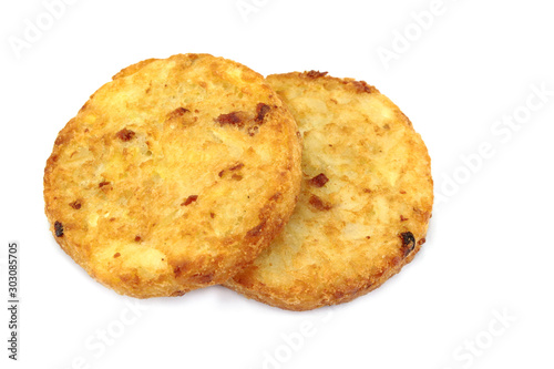 several rösti cooked on a white background