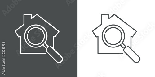 Símbolo buscar casa en agencia inmobiliaria. Icono plano lineal casa con lupa en fondo gris y fondo blanco photo