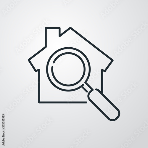 Símbolo buscar casa en agencia inmobiliaria. Icono plano lineal casa con lupa en fondo gris