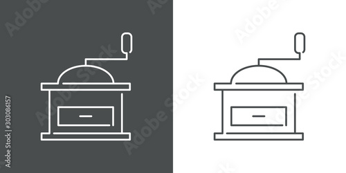 Icono plano lineal molinillo de café en fondo gris y fondo blanco