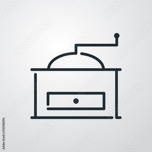 Icono plano lineal molinillo de café en fondo gris
