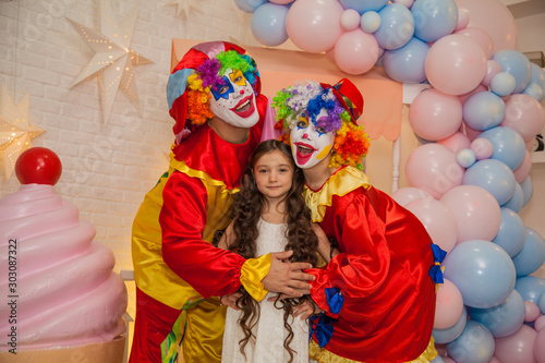 Clowns from the circus on the girls birthday. Party for children.