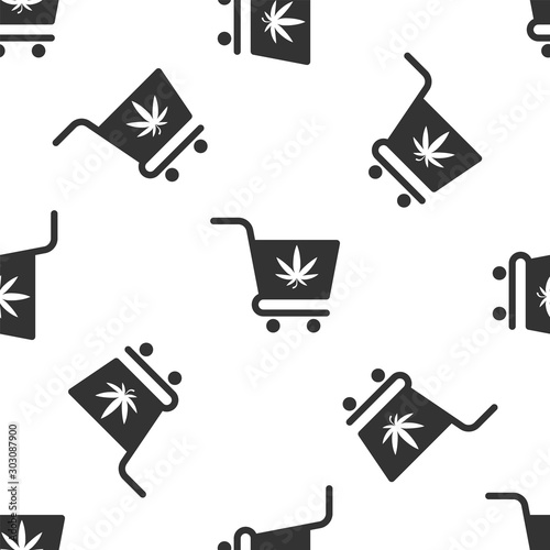 Grey Shopping cart with marijuana or cannabis leaf icon isolated seamless pattern on white background. Online buying. Delivery service. Supermarket basket. Vector Illustration