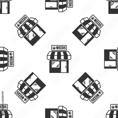 Grey Marijuana and cannabis store icon isolated seamless pattern on white background. Equipment and accessories for smoking, storing medical cannabis. Vector Illustration