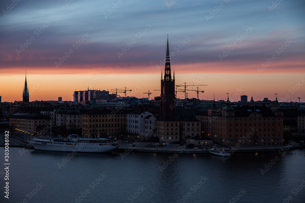Stockholm at dusk with fireworks.
