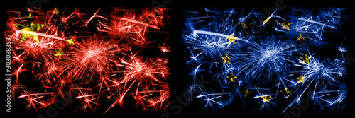 China, Chinese vs European Union, EU New Year celebration travel sparkling fireworks flags concept background. Combination of two abstract states flags. © Vlad