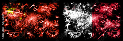 China, Chinese vs Malta, Maltese New Year celebration travel sparkling fireworks flags concept background. Combination of two abstract states flags. © Vlad