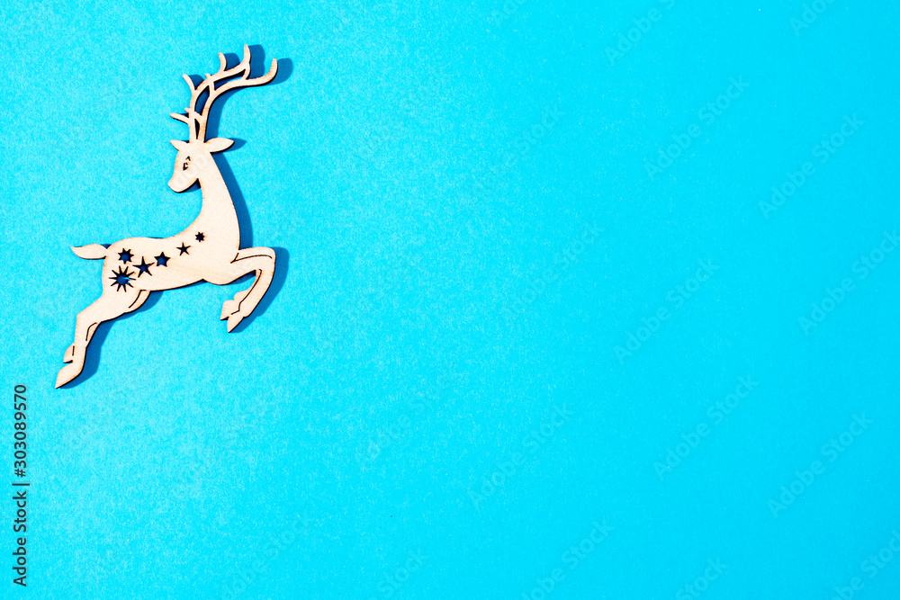 Fototapeta premium Top above high angle closeup overhead view photo of nice beautiful christmas decoration lying on blue craft paper
