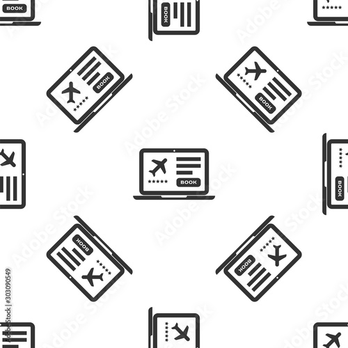 Grey Laptop with electronic boarding pass airline ticket icon isolated seamless pattern on white background. Passenger plane mobile ticket for web and app. Vector Illustration