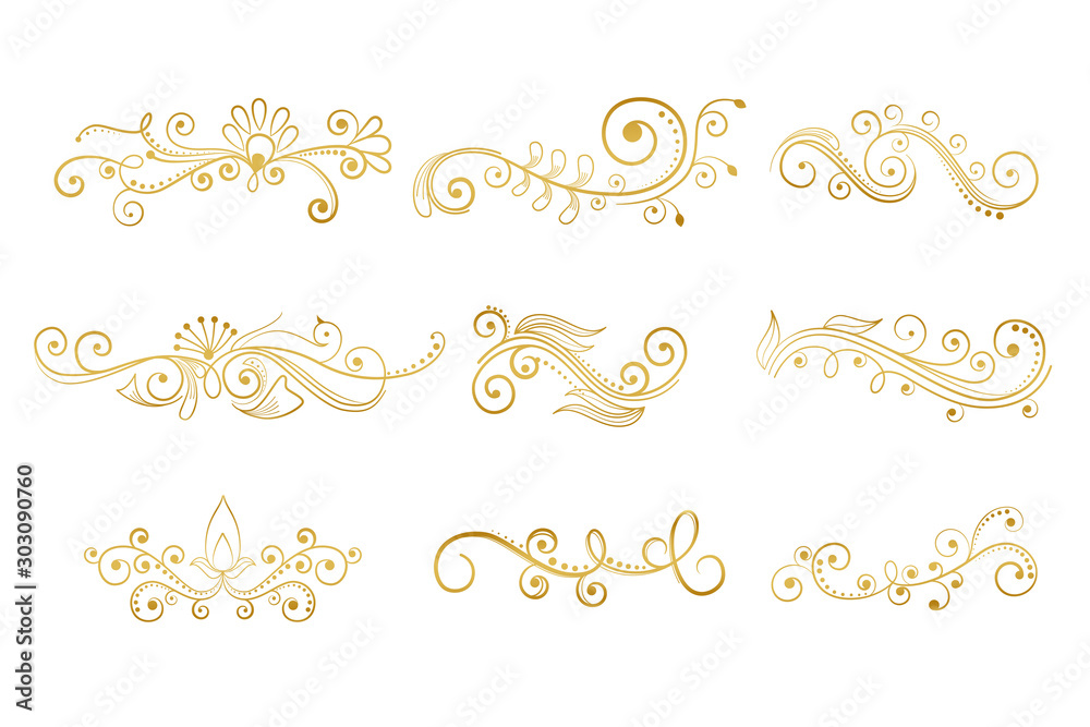 set of floral decorative elements in gold color