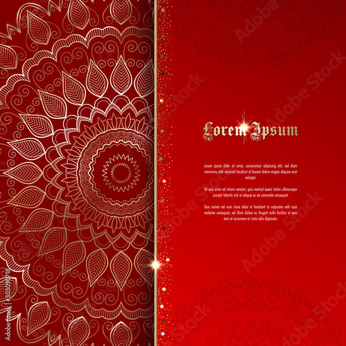 Greeting card or invitation template with golden ornament and confetti. Design for any purposes: wedding, birthday, anniversary or christmas