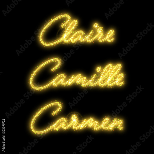 Female names made of sparkler. Design element for birthday card, bridal shower or wedding invitation