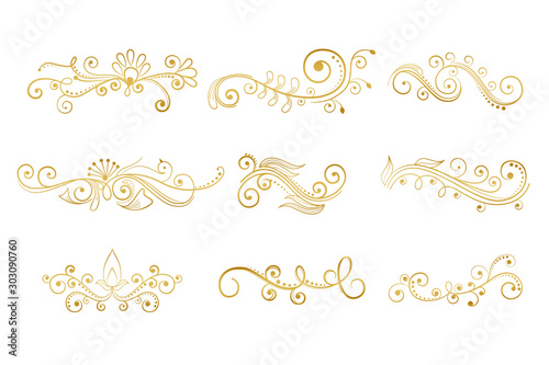 set of floral decorative elements in gold color