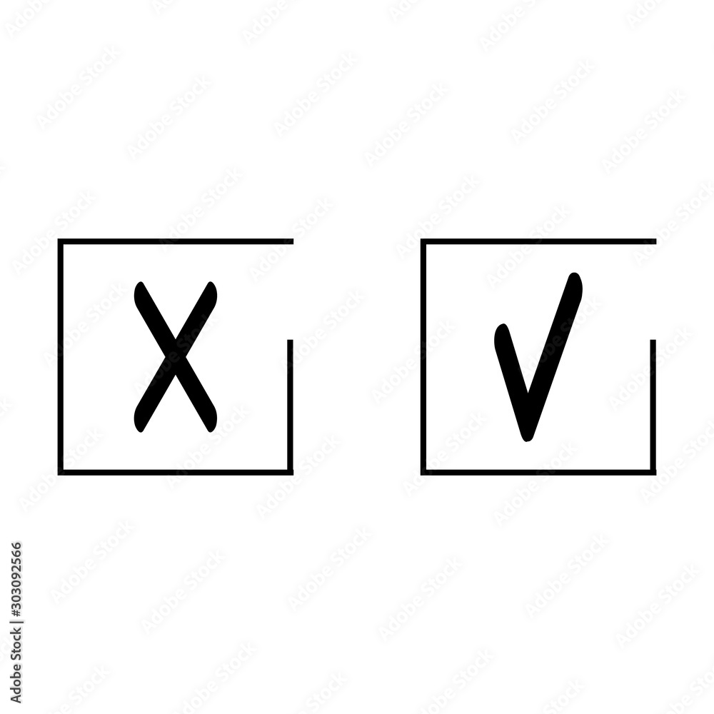 Tick and cross sign isolated on white background. Black tick and cross in square sign. Tick and cross monochrome symbol. White sticker. Flat vector image. Vector illustration. Tick and cross sign isolated on white background. Black tick and cross in square sign. Tick and cross monochrome symbol. White sticker. Flat vector image. Vector illustration.