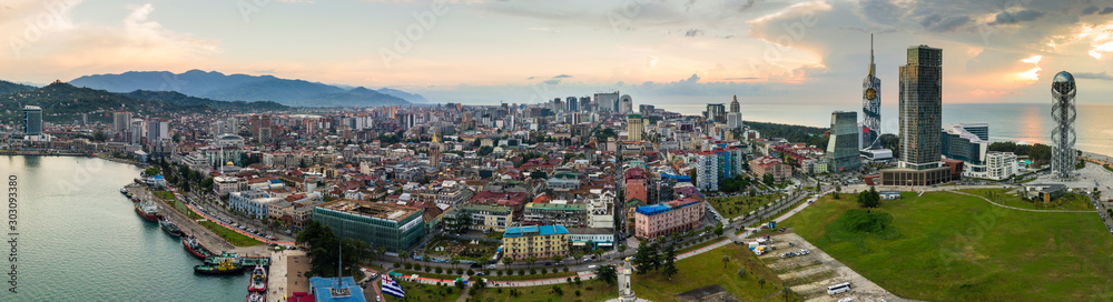 Panoramic view of Batumi, Georgia. View of the center of Batumi and the promenade and the beach. The capital of Adjara, Georgia.