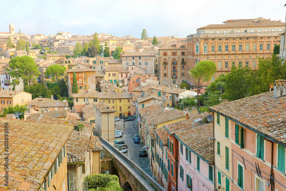 Panoramic view of the historic quarter with medieval houses of the old city of Perugia, Italy.