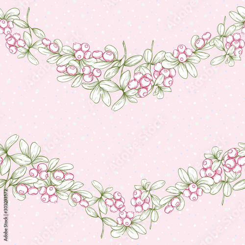 Cranberry and snow. Seamless pattern, background. Graphic drawing, engraving style. Vector illustration