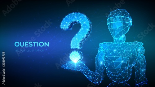 Question mark. Abstract 3d low polygonal robot holding Question sign. Ask symbol. Help support, faq problem, think education concept, confusion search illustration or background. Vector illustration.