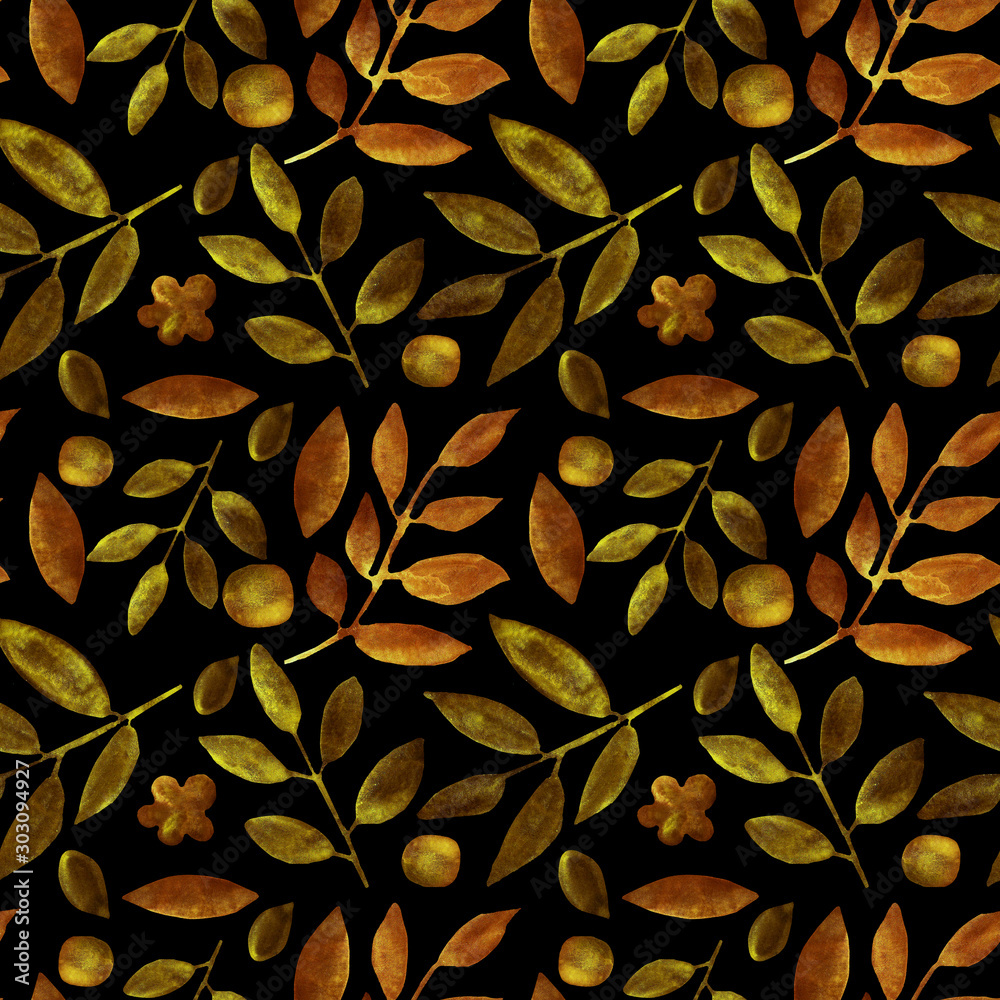 watercolor luxury golden leaves and twigs seamless pattern on a black background. watercolor luxury golden leaves and twigs seamless pattern on a black background.
