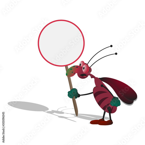a thin cartoon striped cockroach with bulging eyes holds a round empty sign in his hand. Isolated illustration on a white background with a shadow.