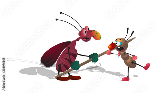 Cartoon skinny striped cockroach pokes a toothpick into a small ant. Isolated illustration on a white background with a shadow.
