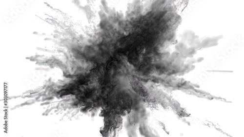 Cg animation of black powder explosion on white background. Macro. Slow motion movement with acceleration in the beginning. Has alpha matte.