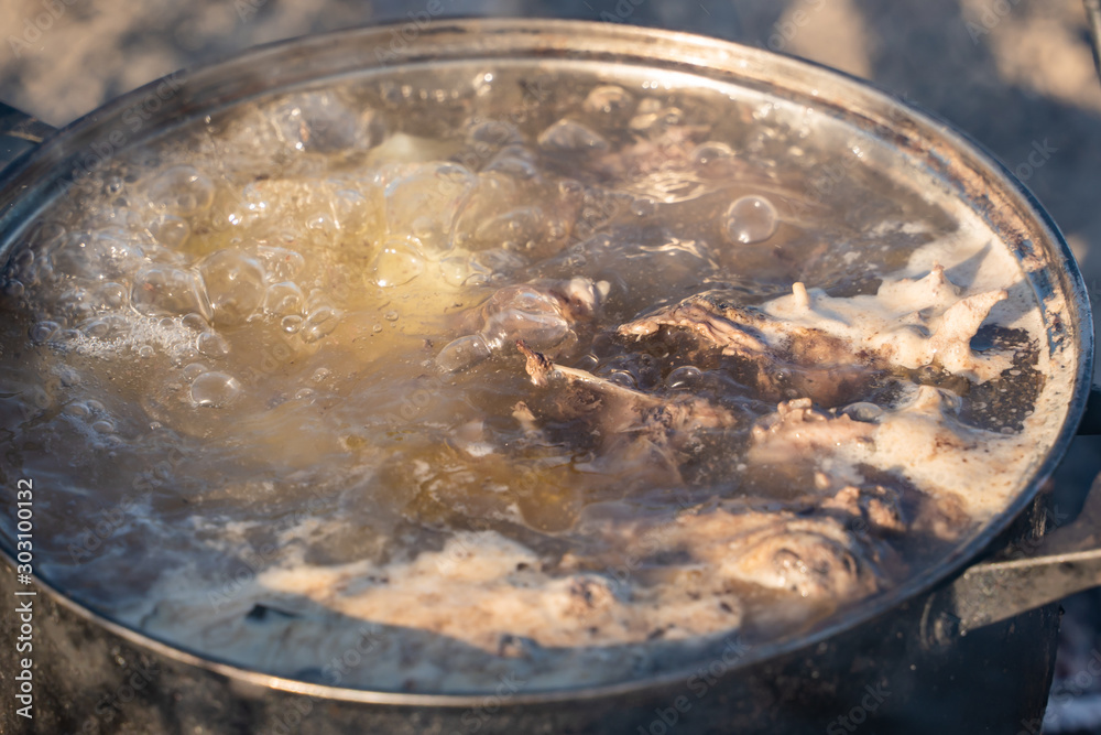 boiling duck in a pan on a fire boiling duck in a pan on a fire