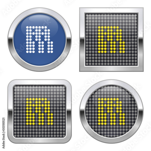 Dotted icon of hydro-electric power plant on glossy button in four variants