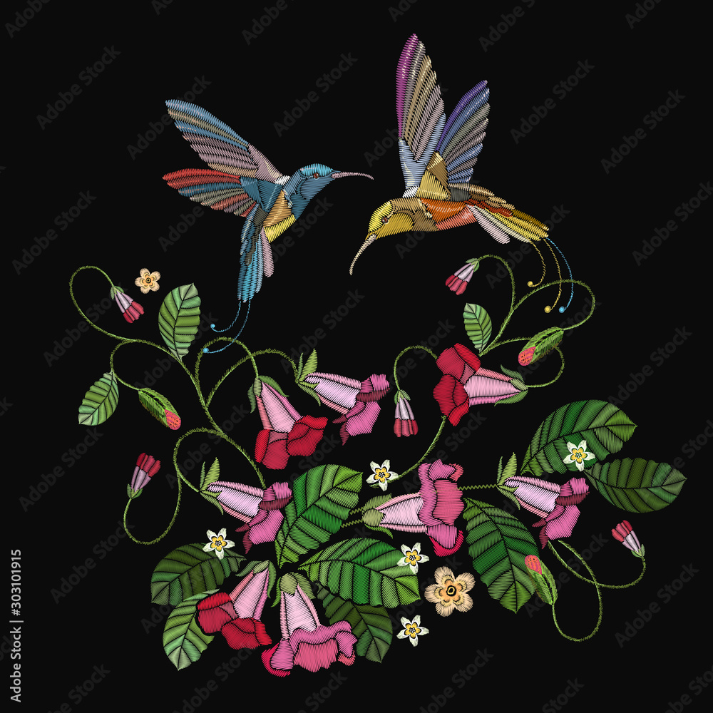 Obraz premium Embroidery flowers bells and two humming birds. Fashionable template for design of clothes. Summer garden art