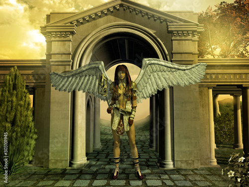 Fantasy guardian angel standing in the front of secret temple, 3D CG Fototapeta