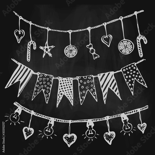 Vector garlands with flags, stars, candies and light bulbs on blackboard. illustration of chalk drawn party flags collection. Doodle sketch of holidays decorative bunting and garlands on chalk board
