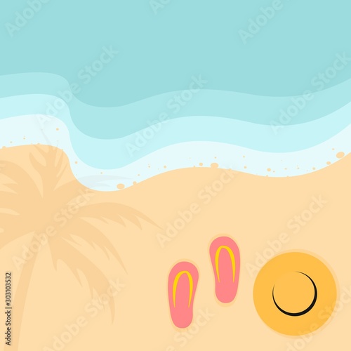 Tropical summer beach sand and light blue sea with pink sandals and beach hat