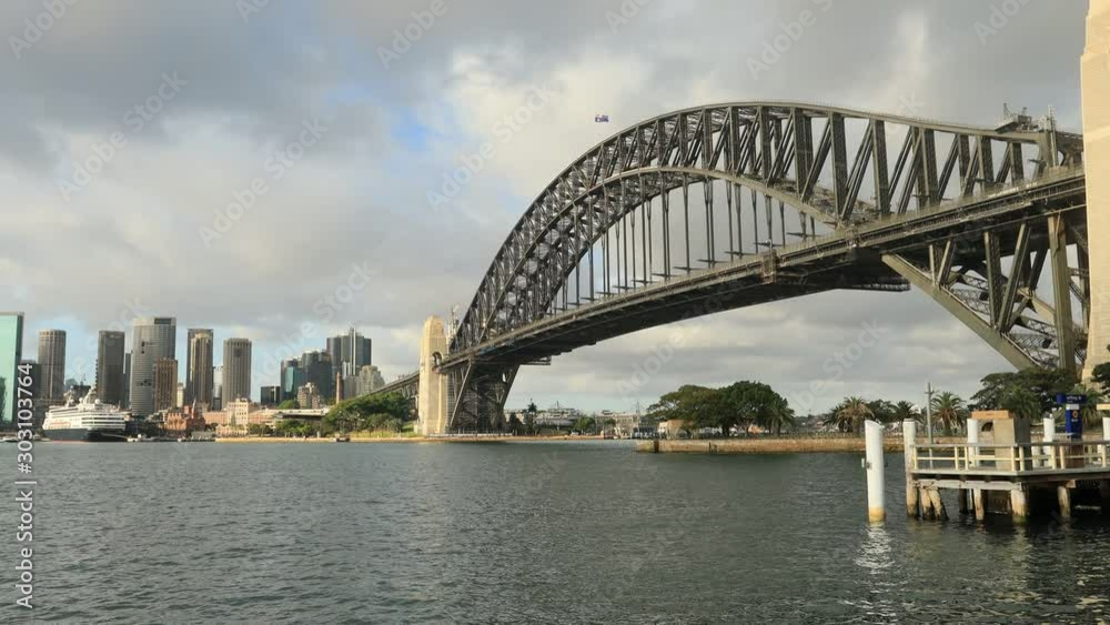 Steel arch of Sydney Harbour bridge across Sydney harbour to Circular quay waterfront of city CBD. Steel arch of Sydney Harbour bridge across Sydney harbour to Circular quay waterfront of city CBD.