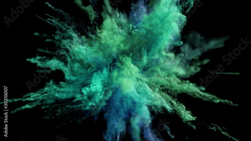 Cg animation of color powder explosion on black background. Macro. Slow motion movement with acceleration in the beginning. Has alpha matte.