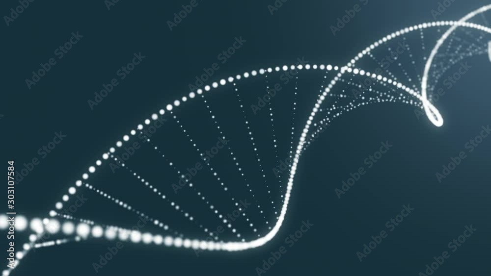 3D animation of abstract DNA on blue backdrop with seamless loop. Conceptual design of genetic information for science animation. Hologram white glowing rotating DNA double helix on blue background.