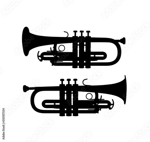Silhouette of Two side view of a Silver trumpet photo