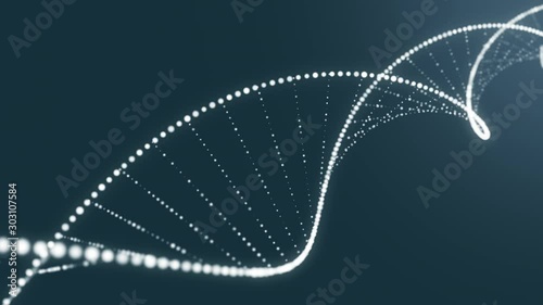 3D animation of abstract DNA on blue backdrop with seamless loop. Conceptual design of genetic information for science animation. Hologram white glowing rotating DNA double helix on blue background.