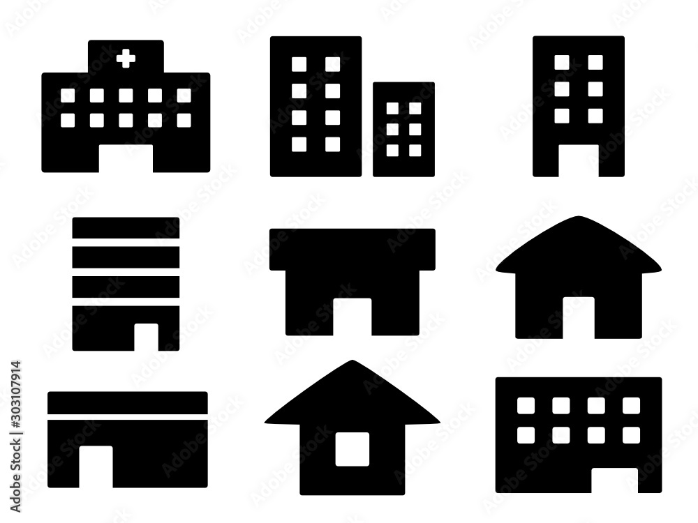病院 ビル 店 家などの建物のアイコンセット Stock Vector Adobe Stock